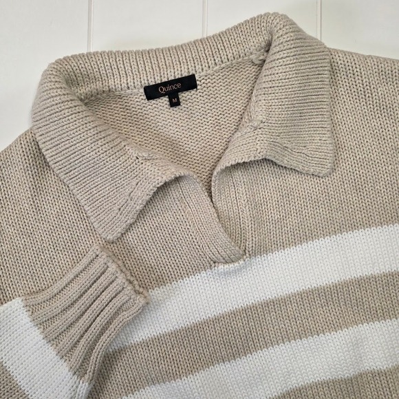 Quince Women's Medium Organic Cotton Cropped Polo Sweater Beige Ivory Stripe - Picture 2 of 9